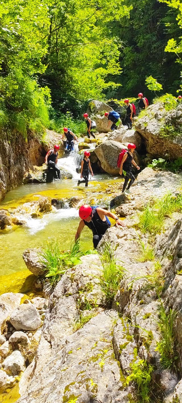 Descending through a narrow section of the canyon