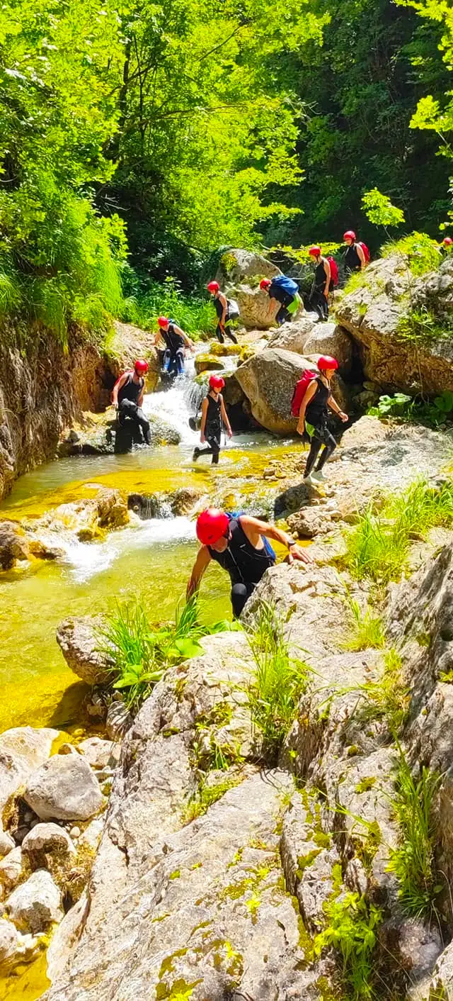Descending through a narrow section of the canyon
